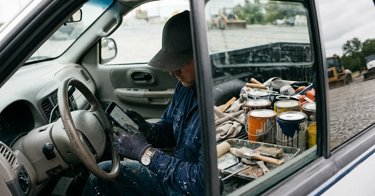 Painting contractor sending a digital estimate from his phone inside his truck.